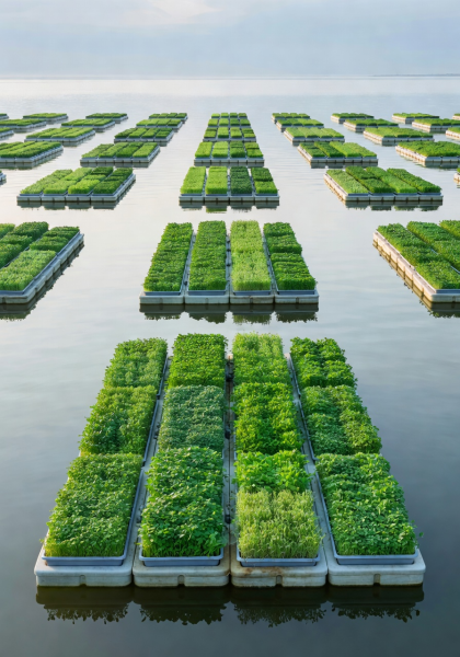 Aerial view of floating hydroponic platforms on calm water with rows of green microgreens growing in organized trays