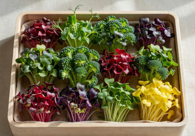 Assortment of multiple microgreen varieties arranged beautifully showing diverse colors and textures in a gift box
