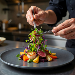 Beautifully plated dish with vibrant microgreen garnish being carefully placed by chef's hands