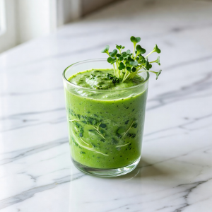 Bright green microgreen smoothie in a clear glass garnished with fresh shoots and served on a marble counter