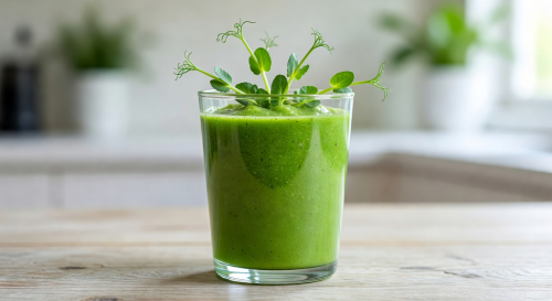 Bright green smoothie made with fresh microgreens garnished with pea shoots in a clear glass