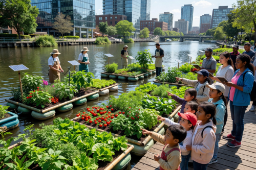 Children and families gathered around floating garden platforms learning about sustainable urban agriculture on a sunny day