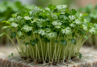Cilantro microgreens with delicate feathery leaves and thin stems in a hydroponic growing medium