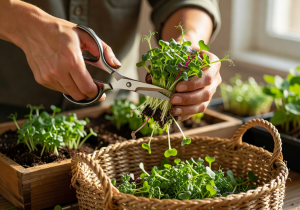 Close-up of hands carefully harvesting fresh microgreens with scissors into a collection basket