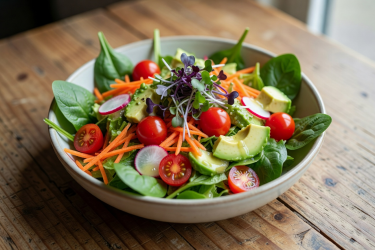 Colorful salad bowl topped with microgreens, cherry tomatoes, avocado and a citrus dressing served on a wooden table