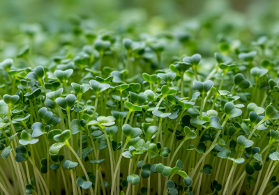 Delicate broccoli microgreens with thin stems and tiny green leaves densely packed together