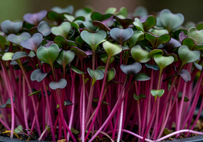 Dense radish microgreens with vibrant magenta stems and deep green cotyledon leaves