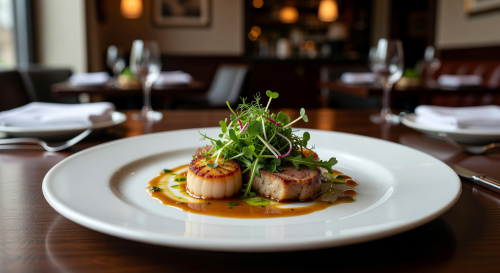 Elegant plated dish with microgreen garnish on a white plate in restaurant setting