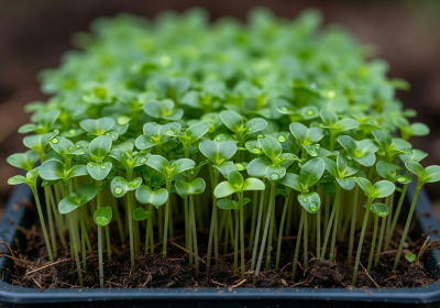 Fresh basil microgreens with aromatic small green leaves growing in neat rows