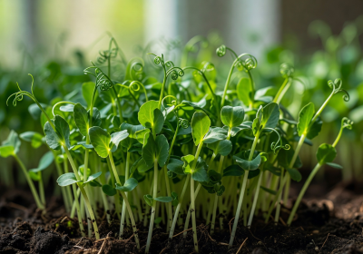 Fresh pea shoot microgreens with curling tendrils and bright green leaves ready for harvest