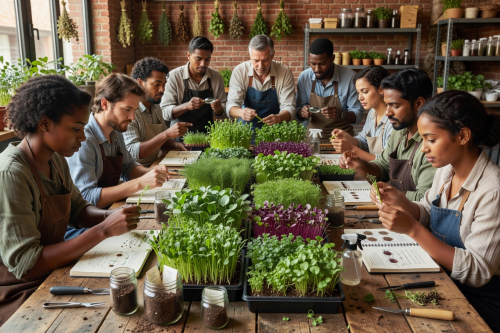 Group of participants learning microgreen growing techniques at a bright workshop table with trays of fresh sprouts