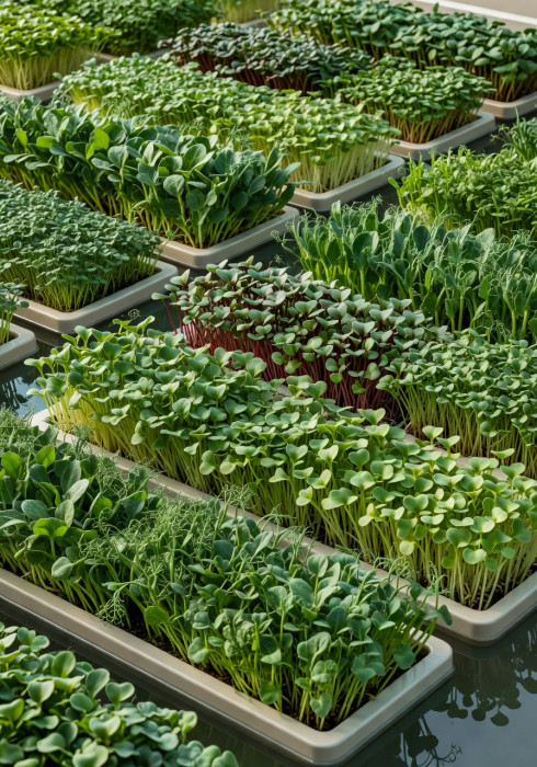 Lush overhead view of multiple microgreen varieties growing in organized rows on floating hydroponic trays with water visible between platforms