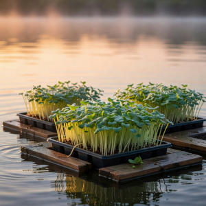 Microgreen seedlings emerging from trays on floating platforms at sunrise with morning dew visible