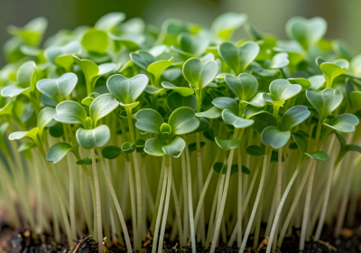 Mustard microgreens with bright green leaves on slender stems showing vivid colors