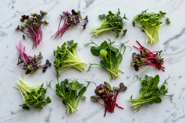 Overhead view of various microgreen varieties arranged artfully on a white marble surface showing different colors and textures
