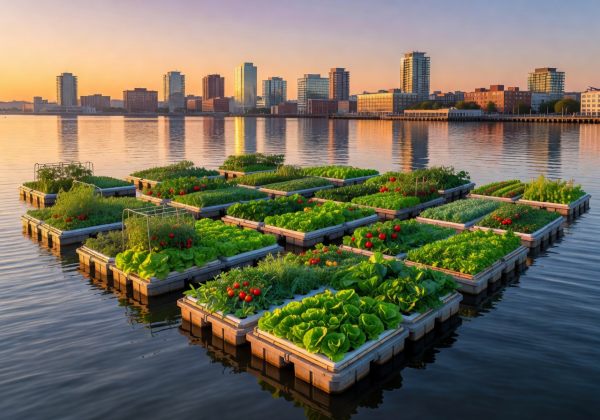 Panoramic view of floating hydroponic farm platforms on calm harbor water at golden hour with city skyline in the background