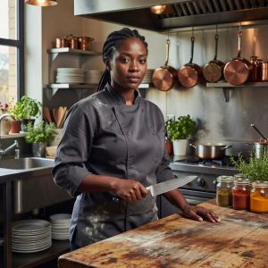 Portrait of Amara Osei, culinary director, in her kitchen workspace