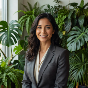 Portrait of Elena Vasquez, co-founder, smiling warmly in front of green plants