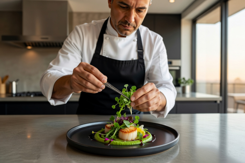 Professional chef demonstrating microgreen garnishing techniques on a beautifully plated dish in a modern kitchen