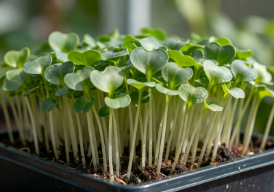Sunflower microgreens with thick pale stems and broad green leaves growing in a tray