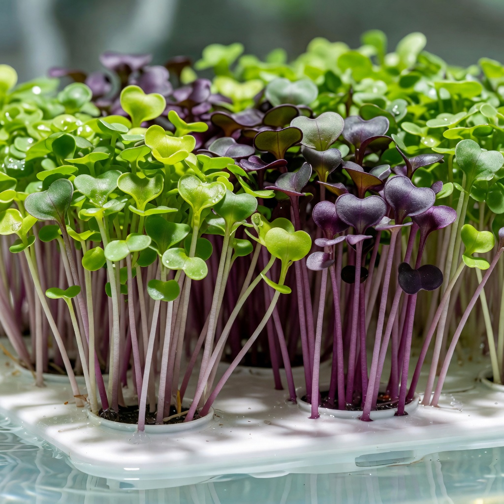 Vibrant microgreens growing in dense clusters showing bright green leaves and purple stems on a floating hydroponic platform