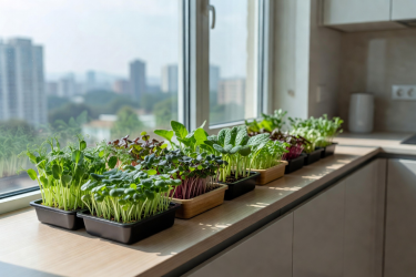 Window sill setup showing small trays of microgreens growing under natural light in a modern apartment kitchen