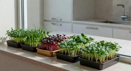 Window sill showing small trays of microgreens growing under natural light in a modern apartment kitchen