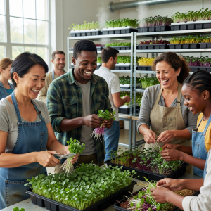 Workshop participants smiling while learning to harvest fresh microgreens from hydroponic trays